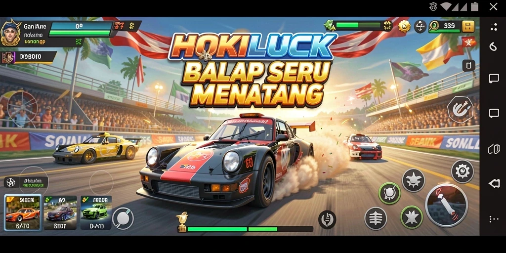 Screenshot gameplay HOKILUCK dengan aksi balapan yang intens.