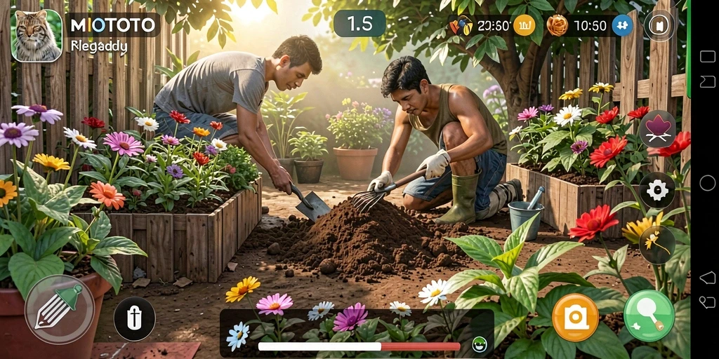 Screenshot MIOTOTO menampilkan kebun yang rimbun dan penuh warna.