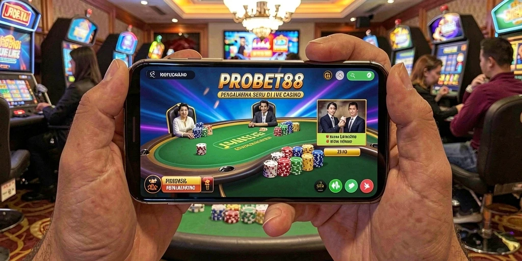 Menampilkan dealer langsung dalam aksi permainan Live Casino.